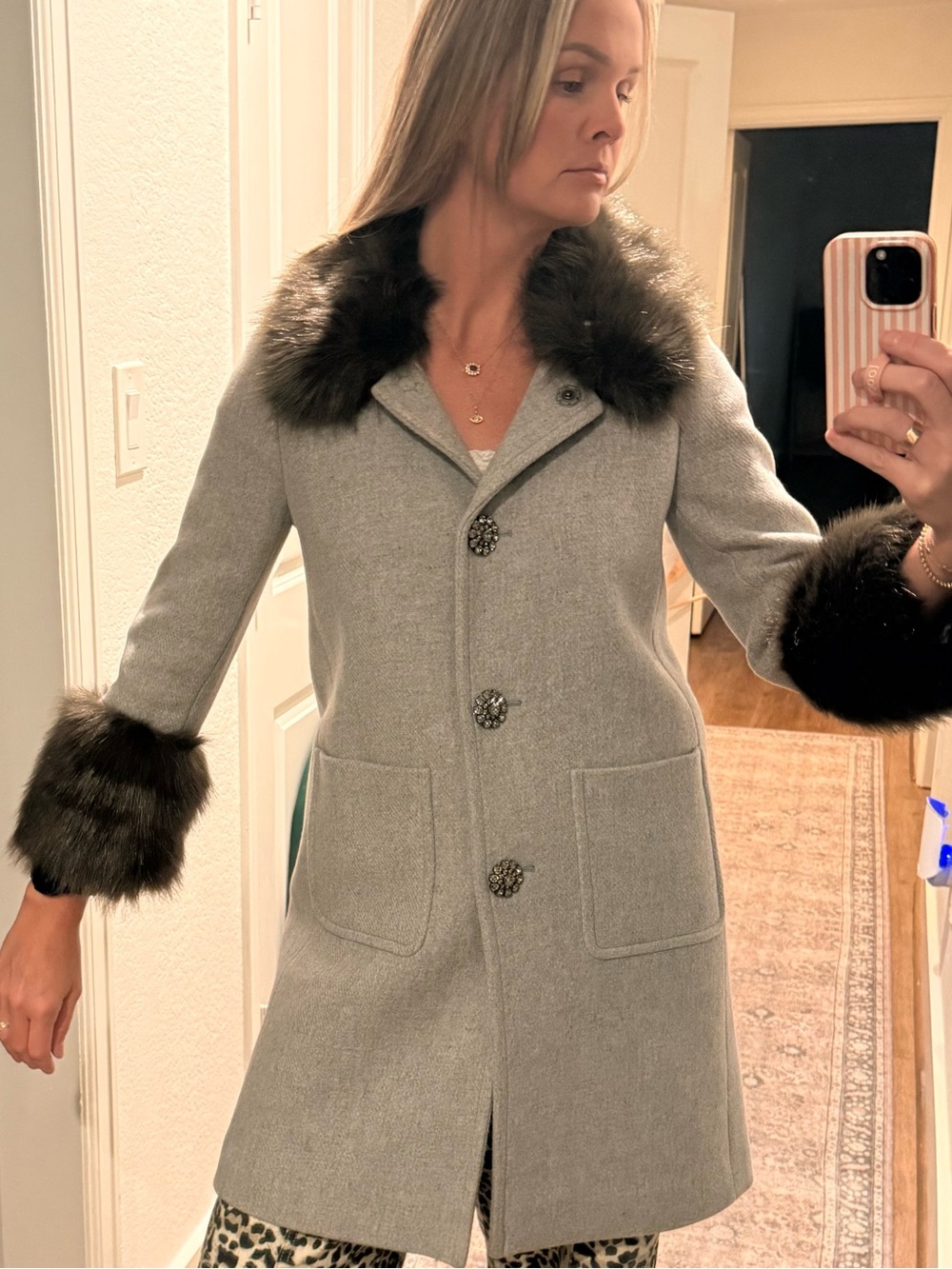 kate spade Gray Coat with Faux Fur Collar & Cuffs